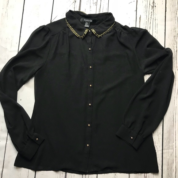 Forever 21 black button down blouse w gold details - Picture 2 of 8